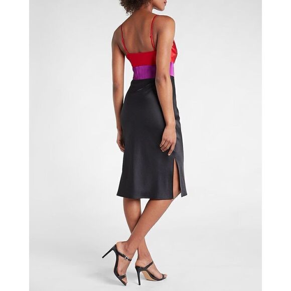 Express - Satin Color Block Tier Cowl Neck Midi Slip Dress - Small/ Red/Purple/B - Picture 16 of 16